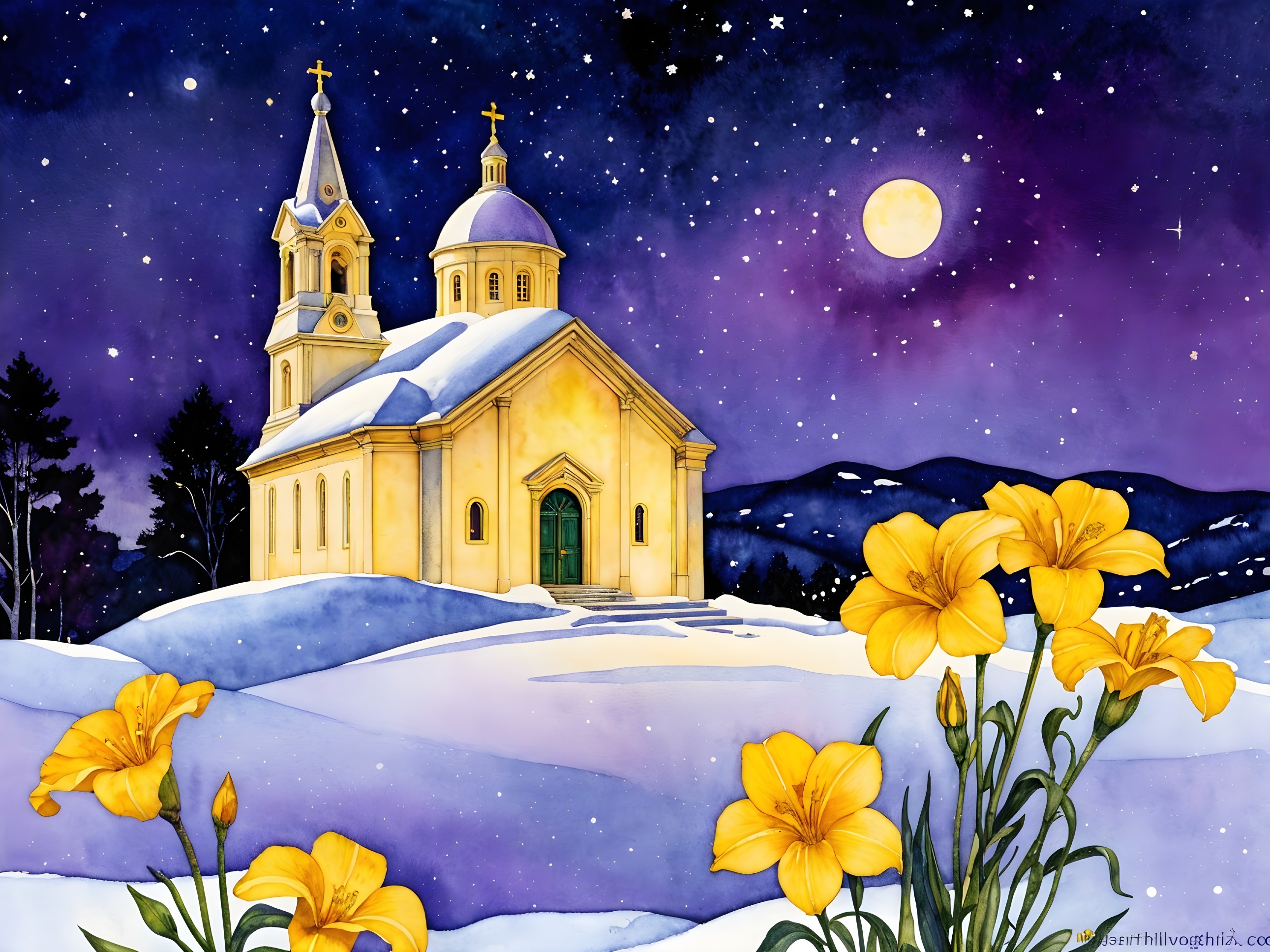 Winter Scene with Yellow Church and Snowy Landscape