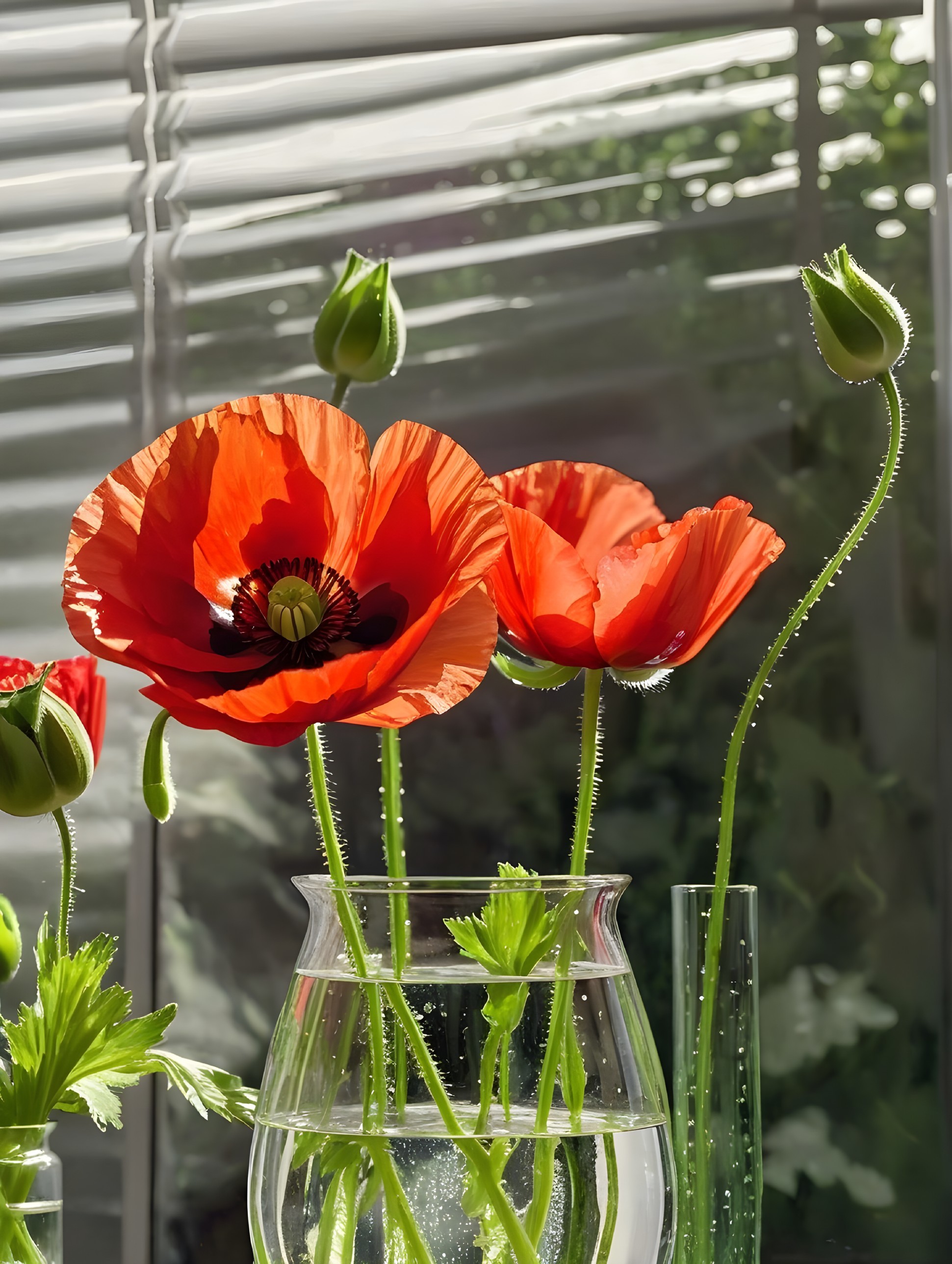 Vibrant Red Poppies in a Clear Glass Vase