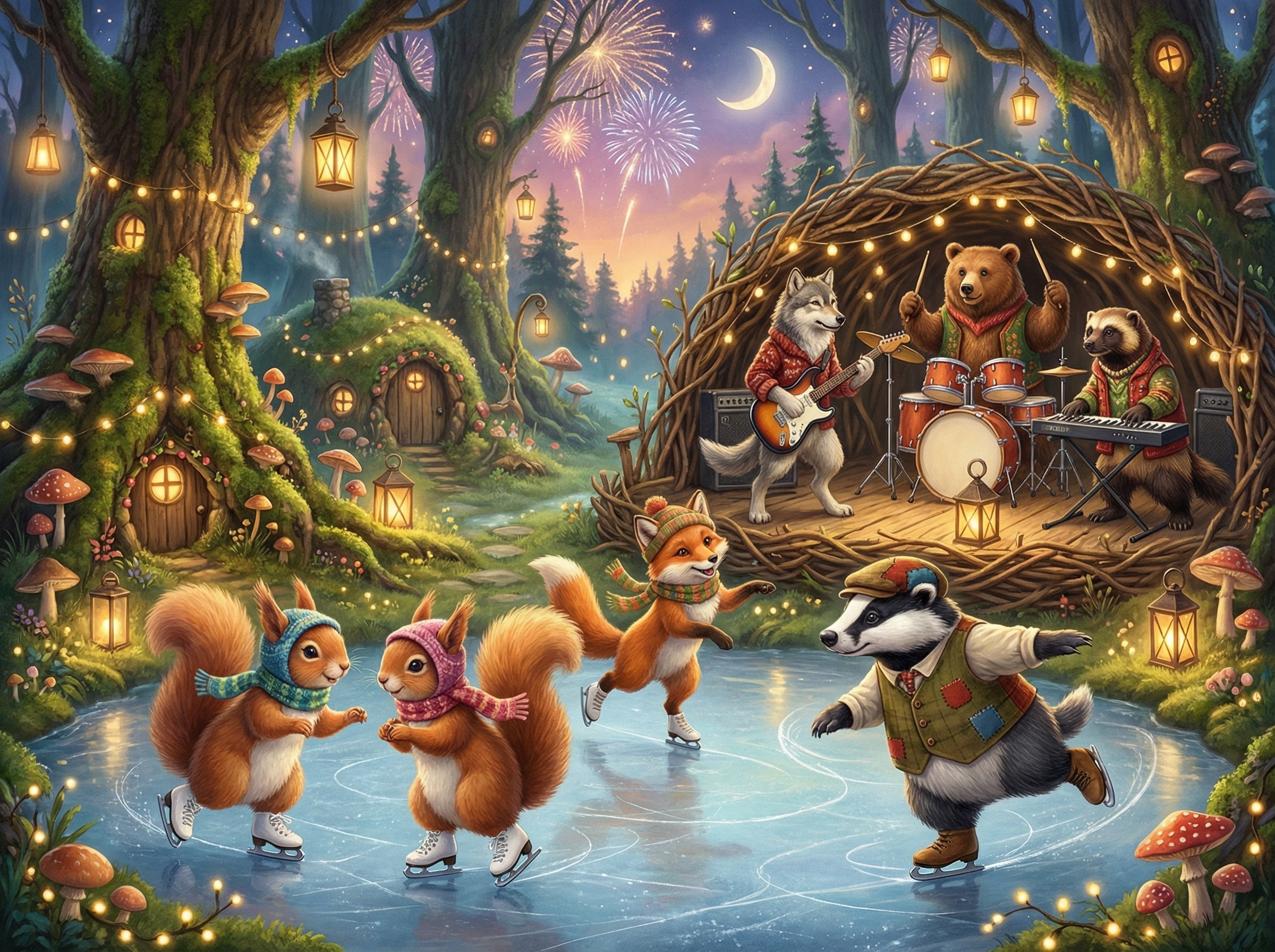 Woodland Animals Ice Skating in a Fantasy Forest