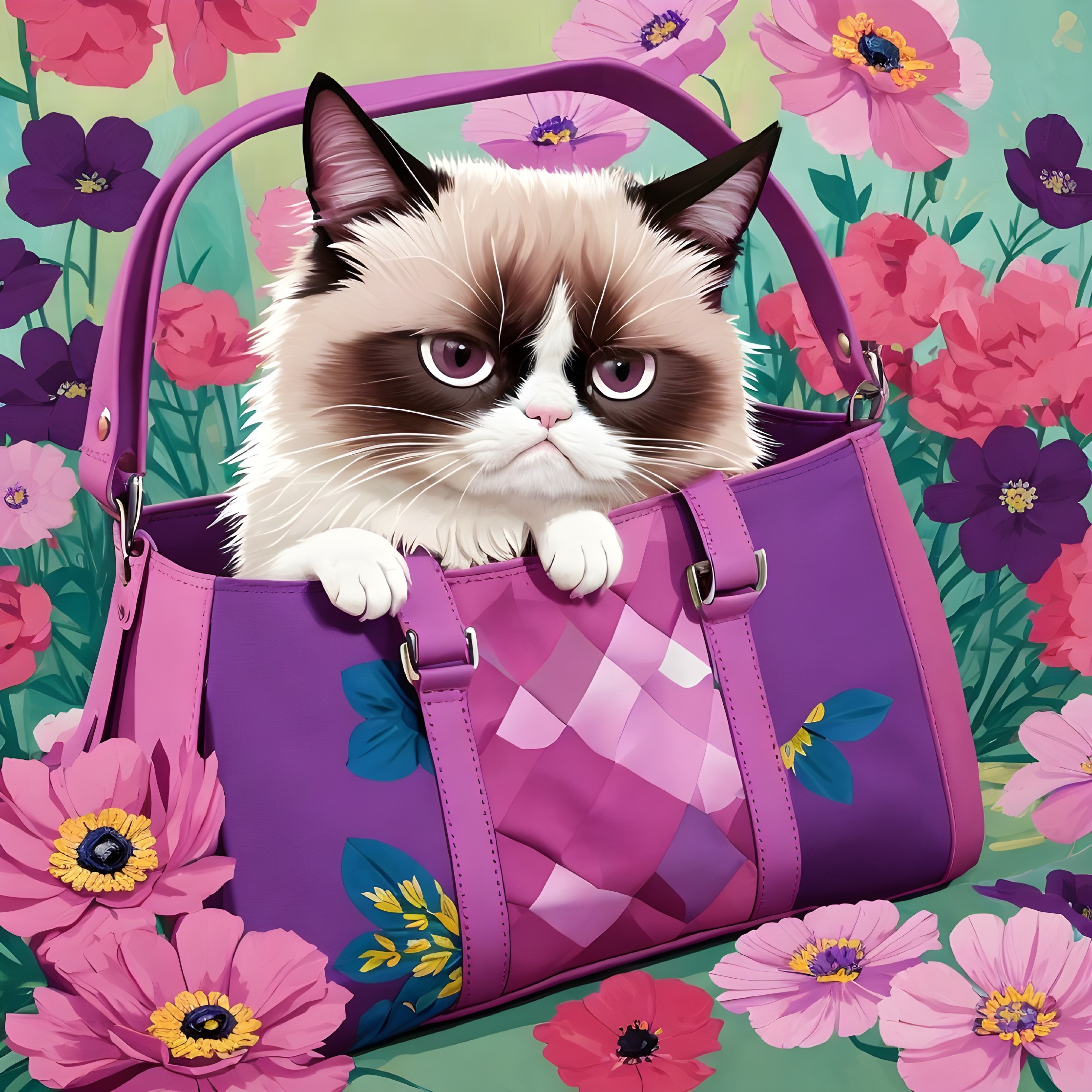 Fluffy Cat in Purple Handbag Surrounded by Flowers