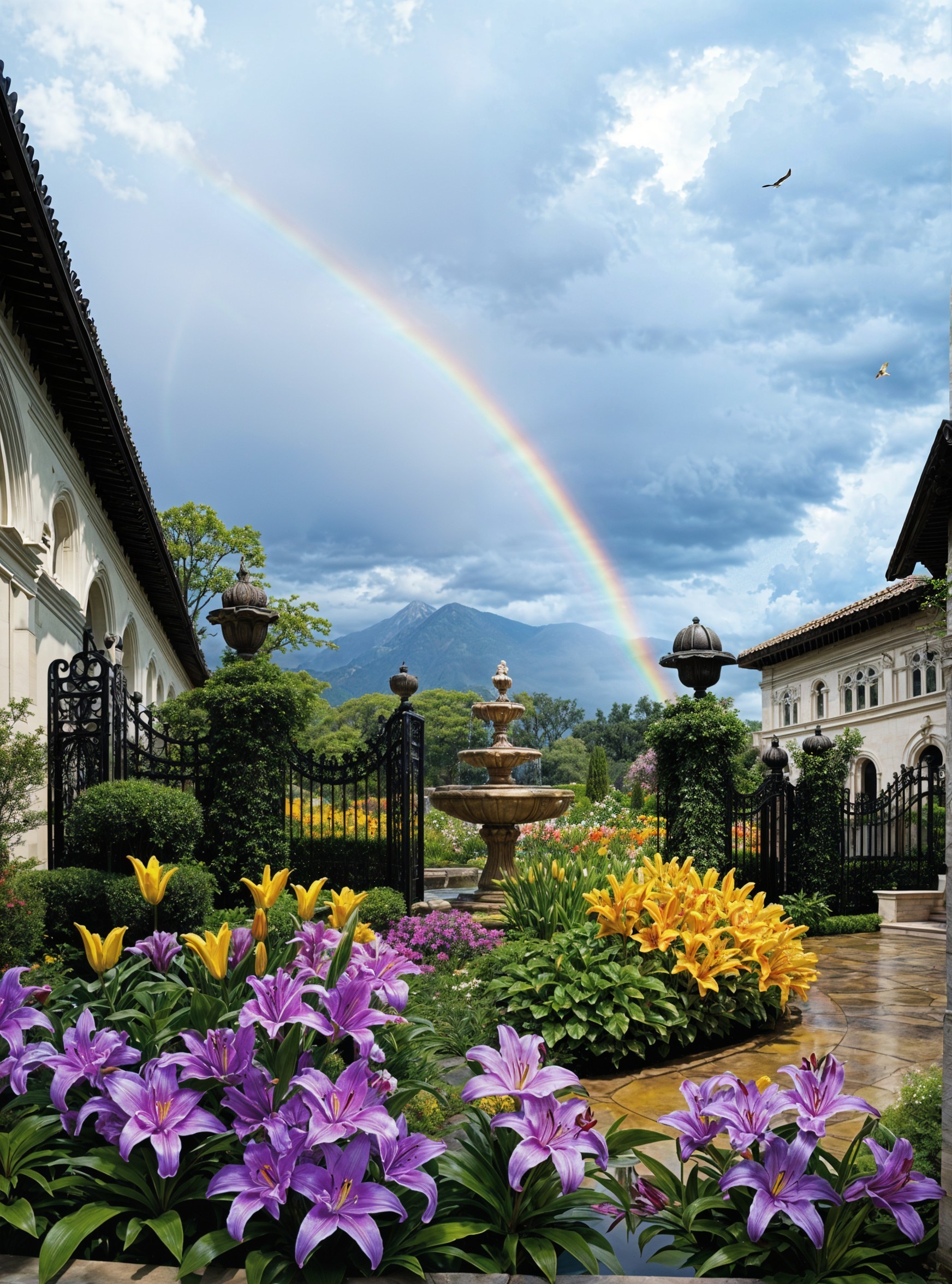 Vibrant Garden with Flowers, Fountain, and Mountains