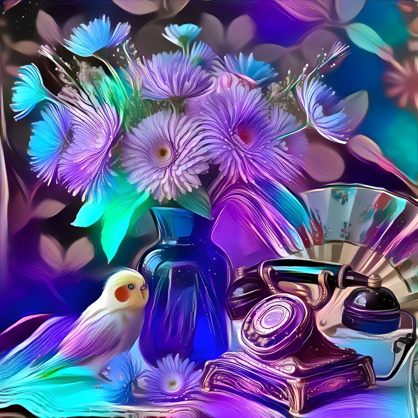 Vibrant Still Life with Purple Flowers and Vintage Telephone