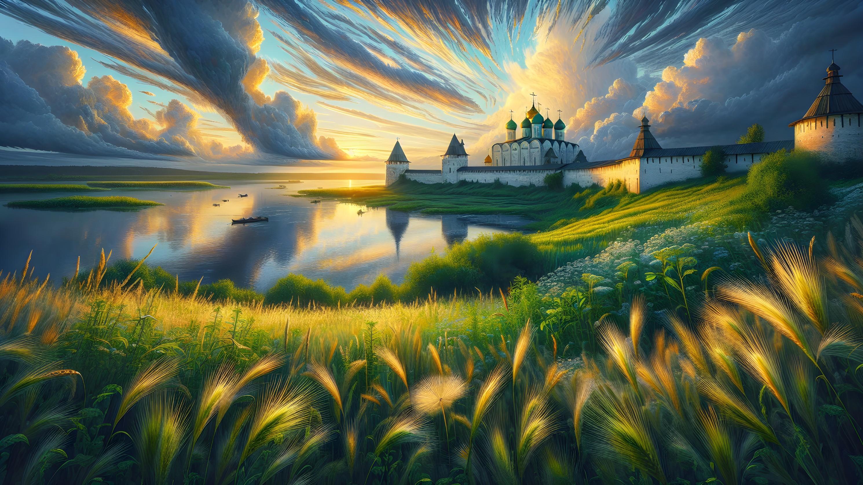 Tranquil Sunset Landscape with Historic Fortress and River