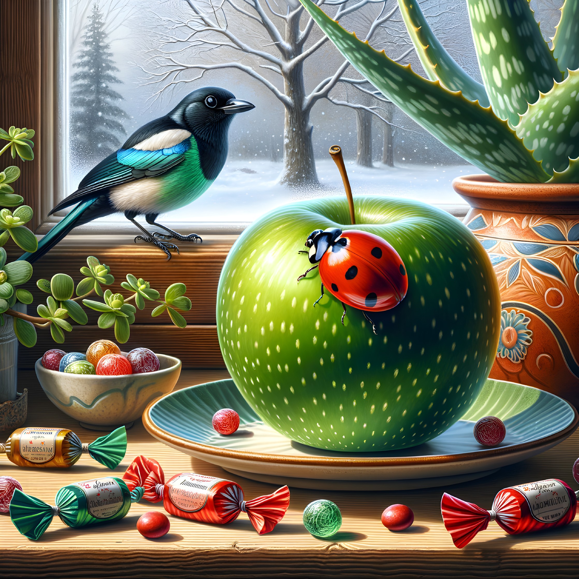 Vibrant Still Life with Apple, Candies, and Winter View