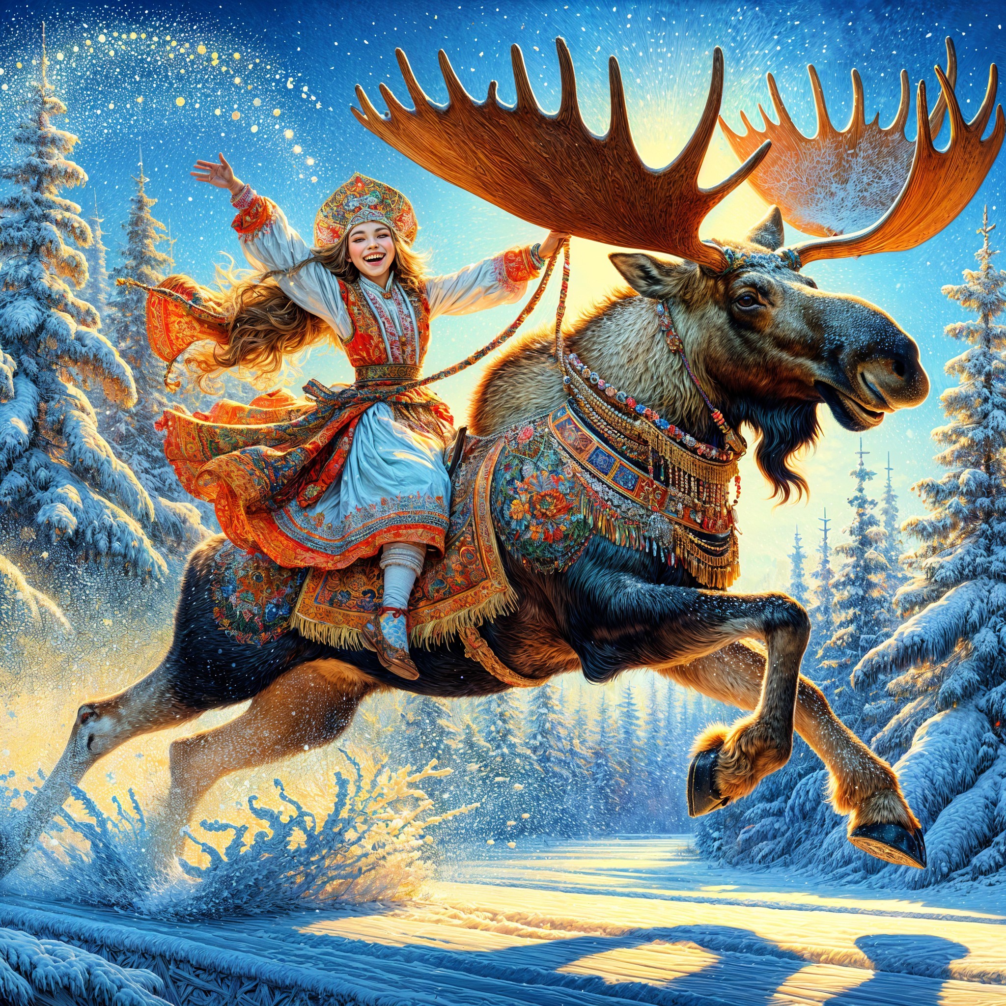 Girl in Slavic Attire Riding Moose in Winter Scene