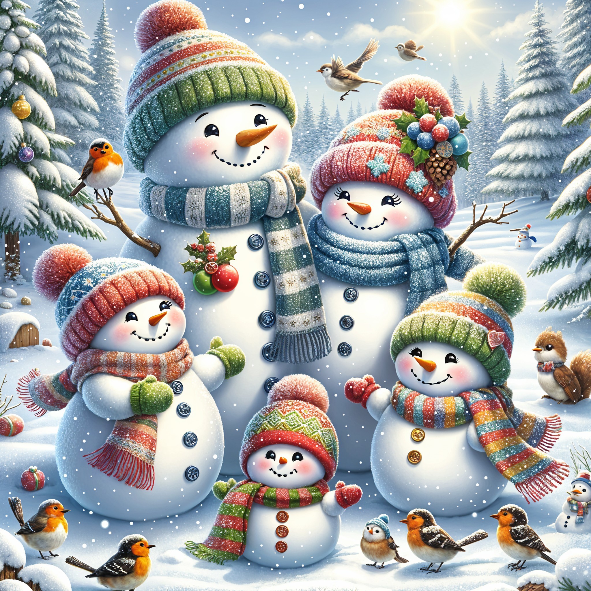 Whimsical Digital Painting of Cheerful Snowmen in Forest