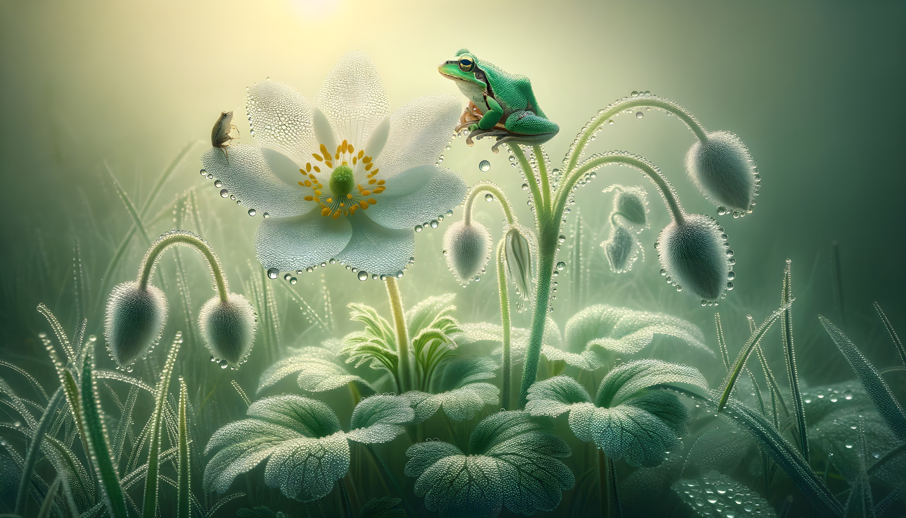 Vibrant Forest Scene with Frog on White Flower