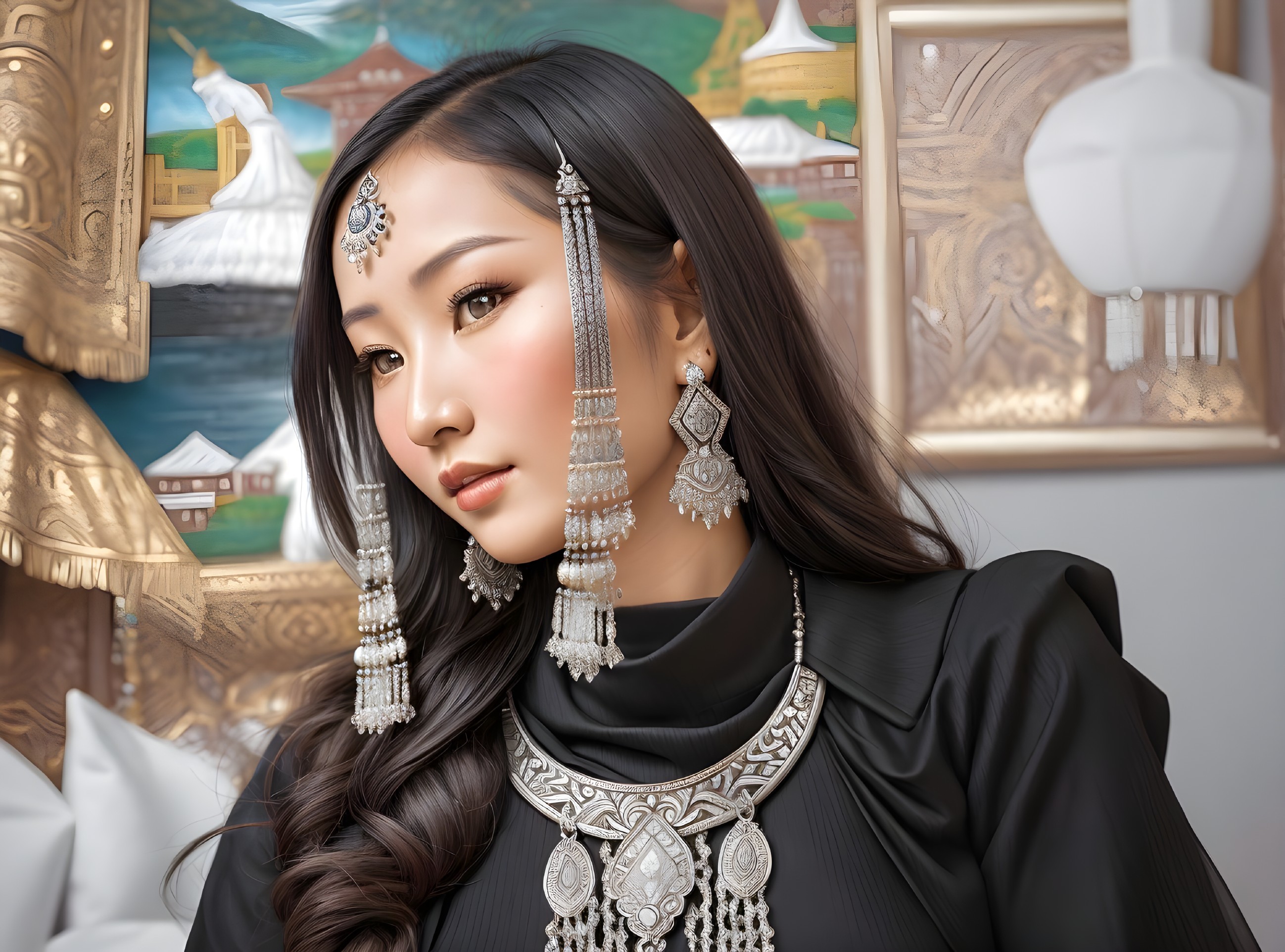 Young Woman in Elegant Black Outfit with Jewelry