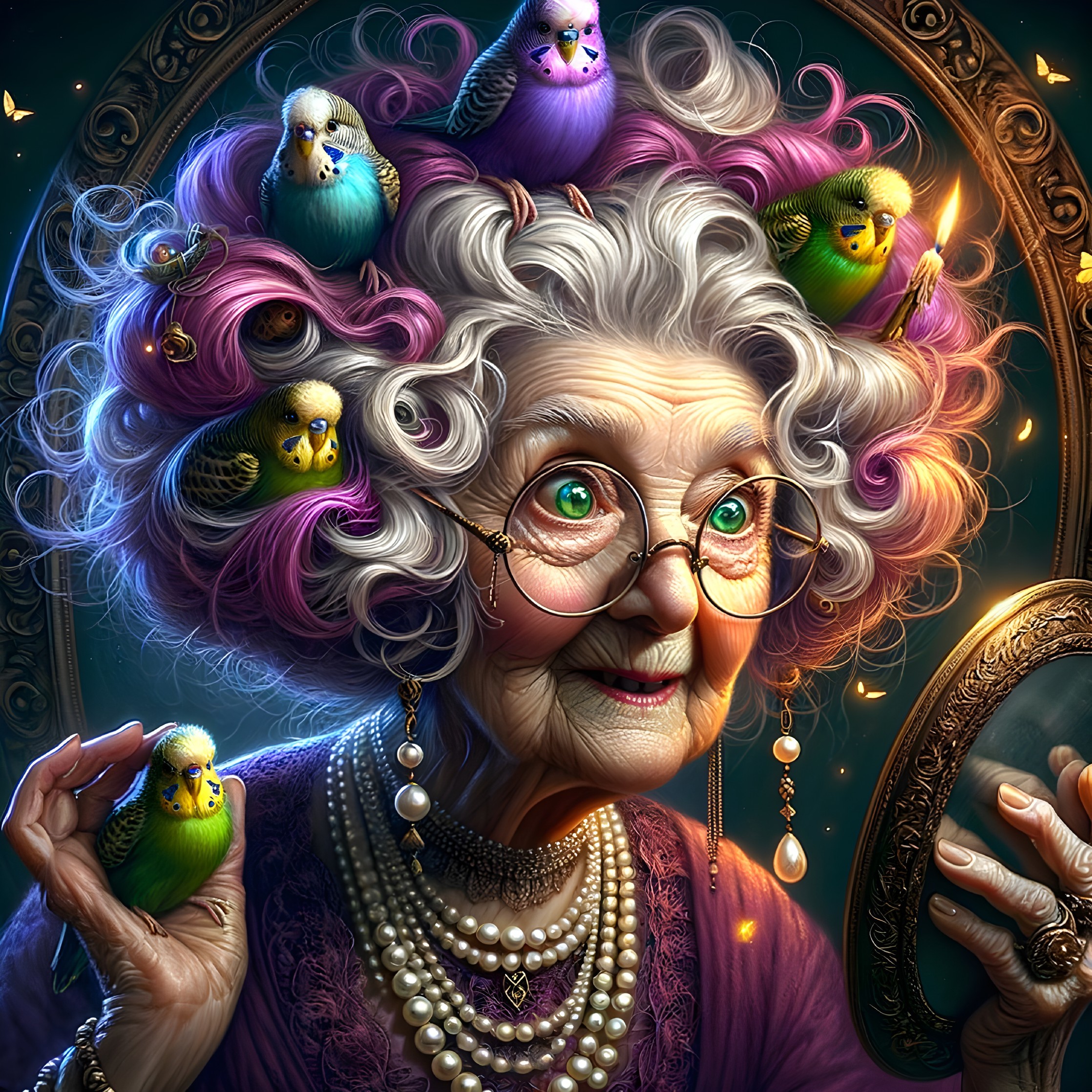 Elderly woman with colorful budgies and whimsical style