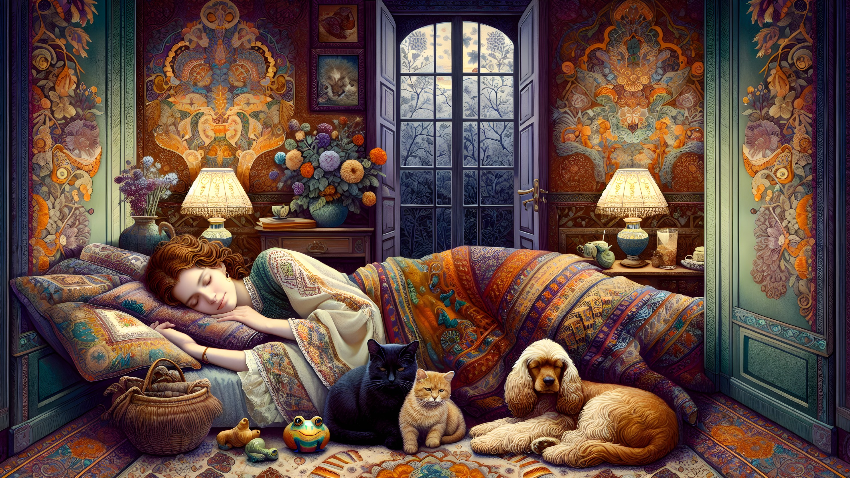 Cozy Room with Sleeping Woman and Pets Under Quilt