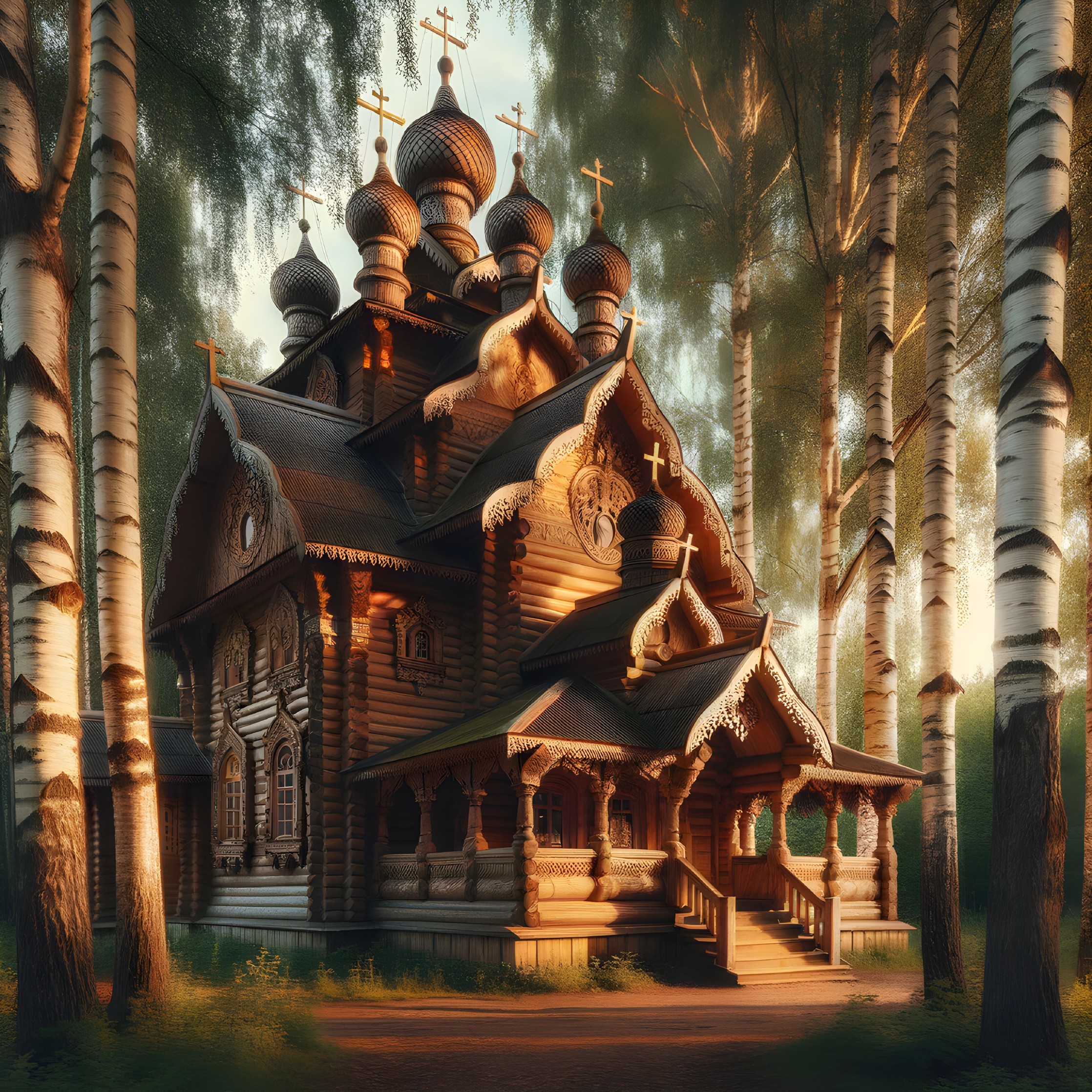 Wooden Church Surrounded by Birch Trees and Sunlight
