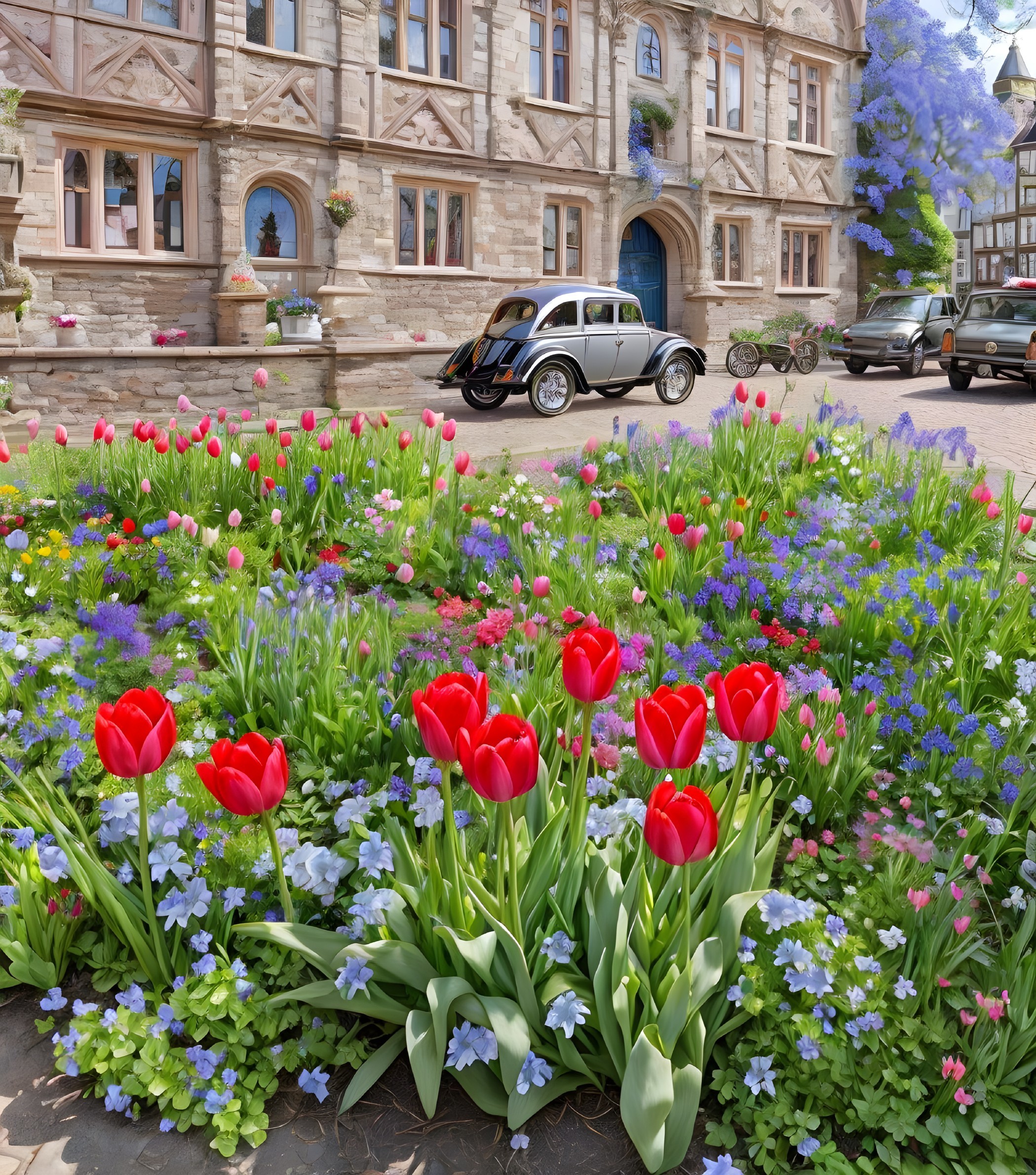 Classic Car by Stone Building with Colorful Flowers