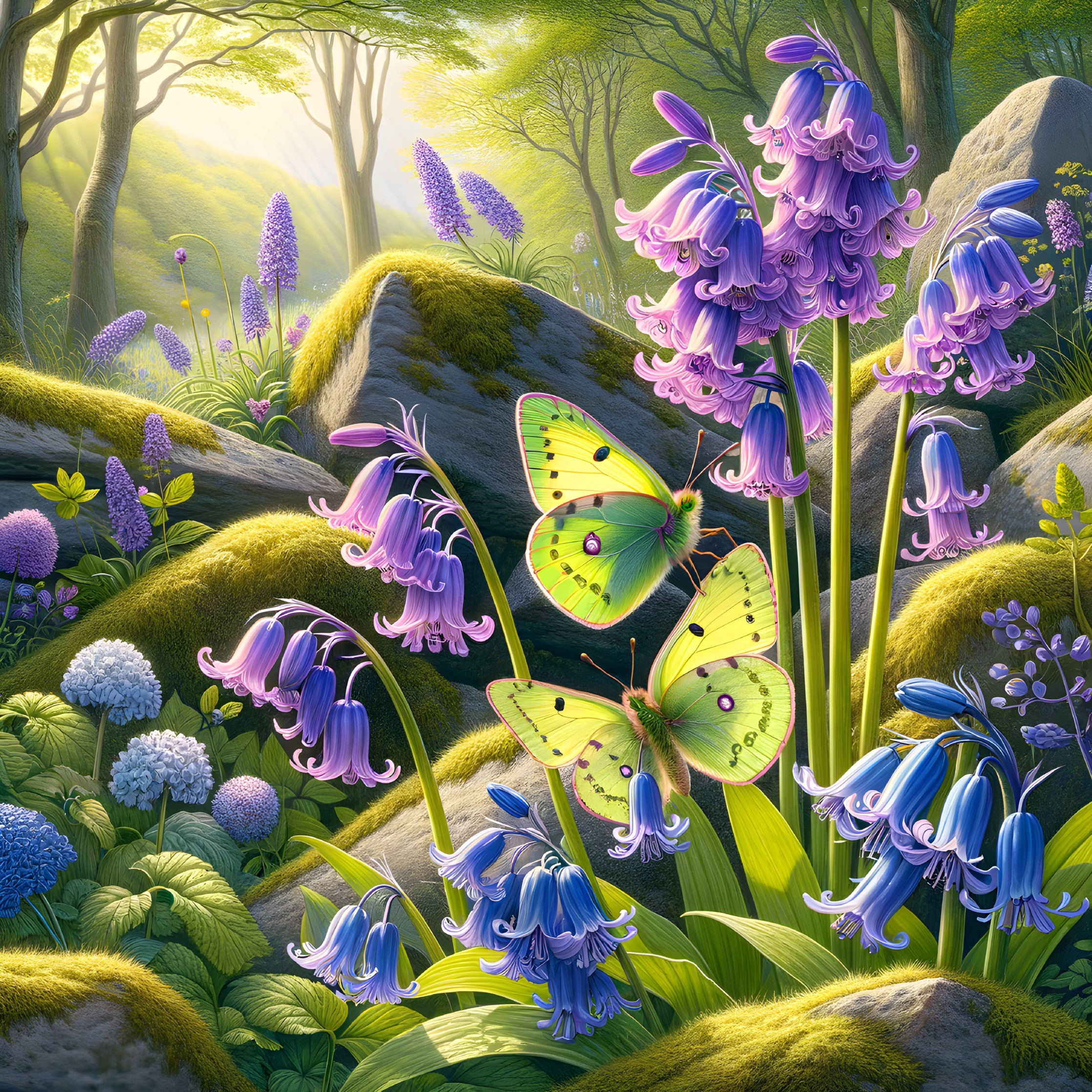 Serene forest scene with bluebells and butterflies