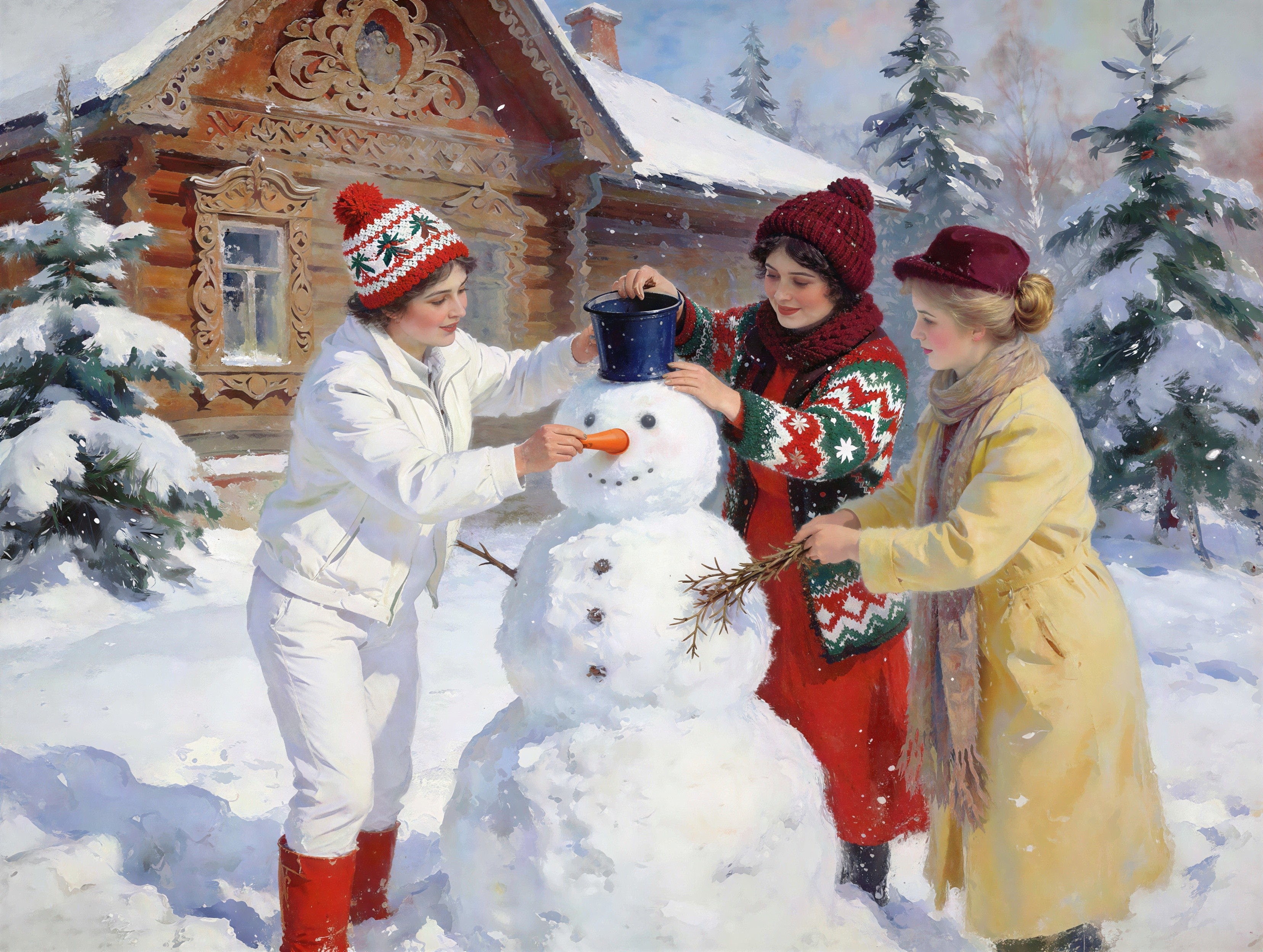 Adolescent girls building a snowman in a snowy yard