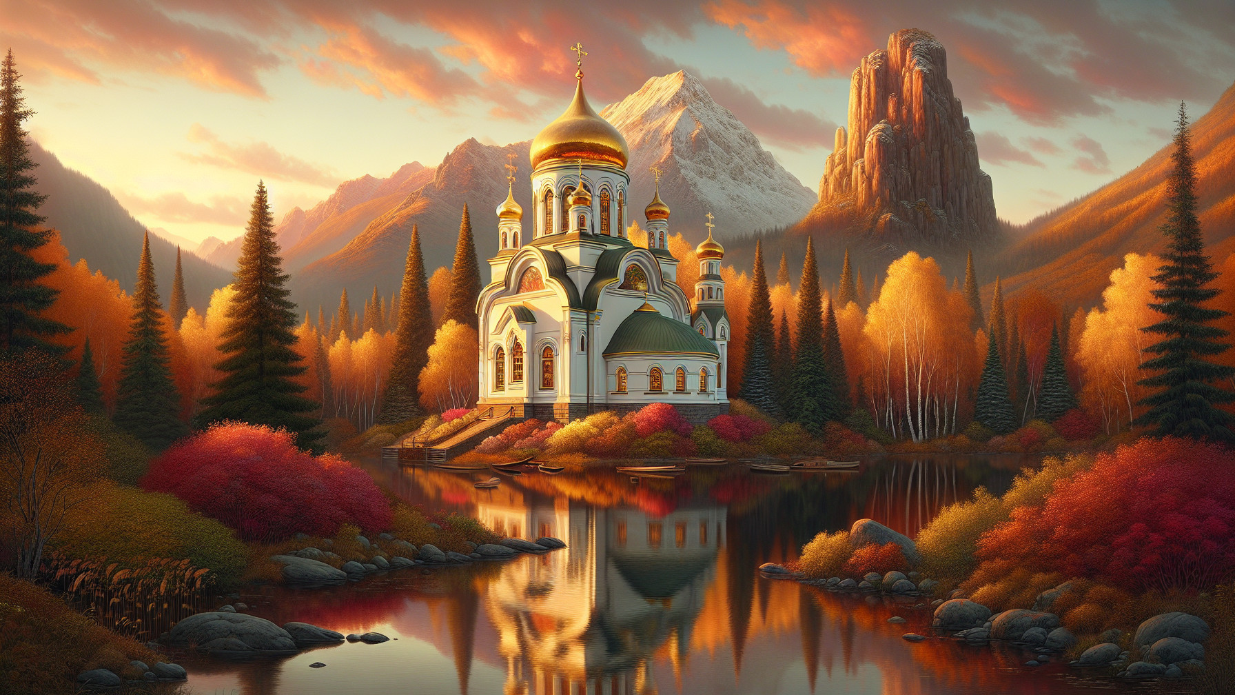 Church with Golden Domes Surrounded by Autumn Foliage