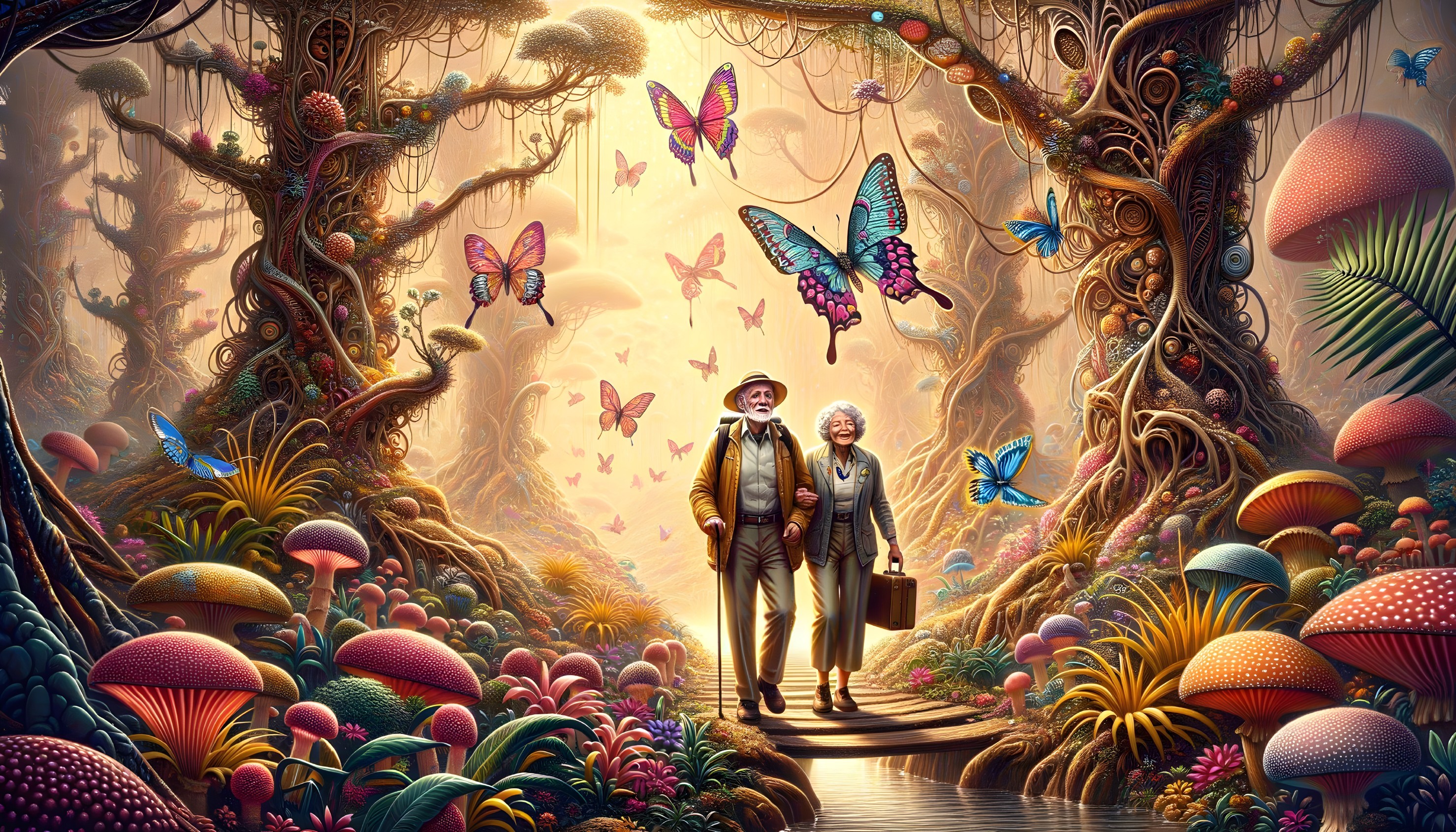 Elderly Couple Walking in Enchanted Forest Setting