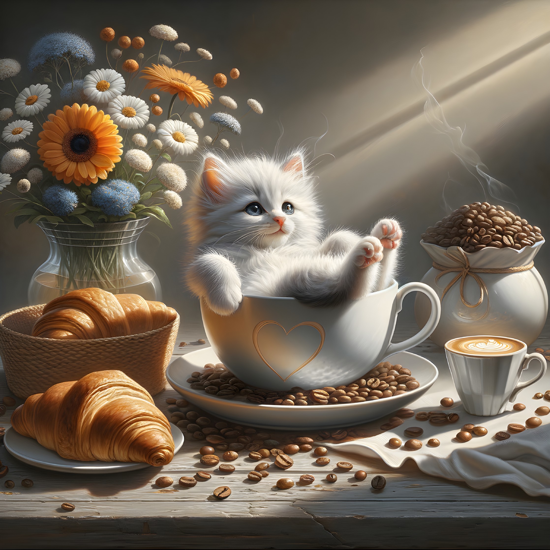 Fluffy White Kitten in Coffee Cup with Croissants and Flowers