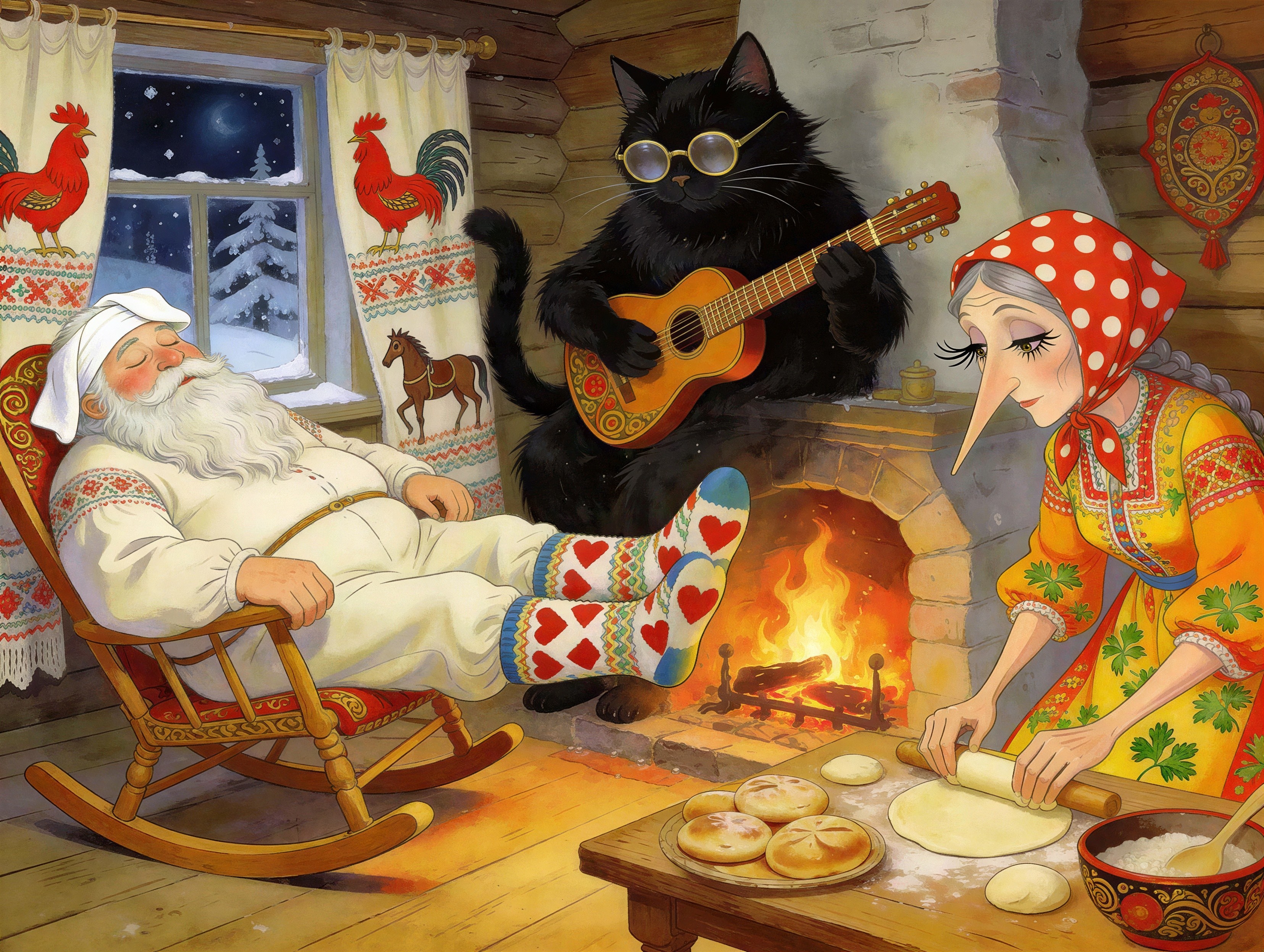 Old Man Sleeps in Cabin with Cat Playing Guitar