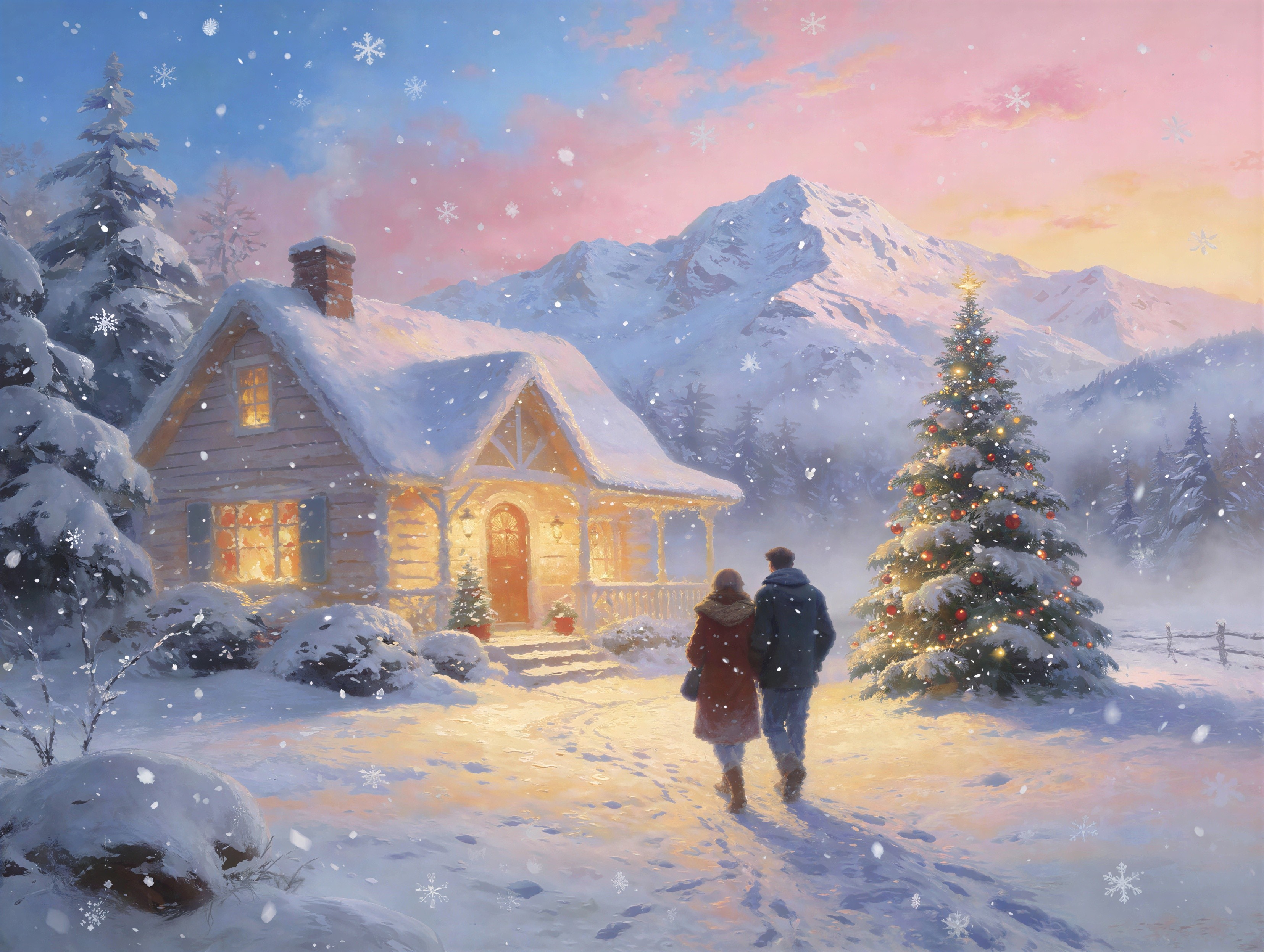 Snowy Christmas Mountain Landscape at Dusk