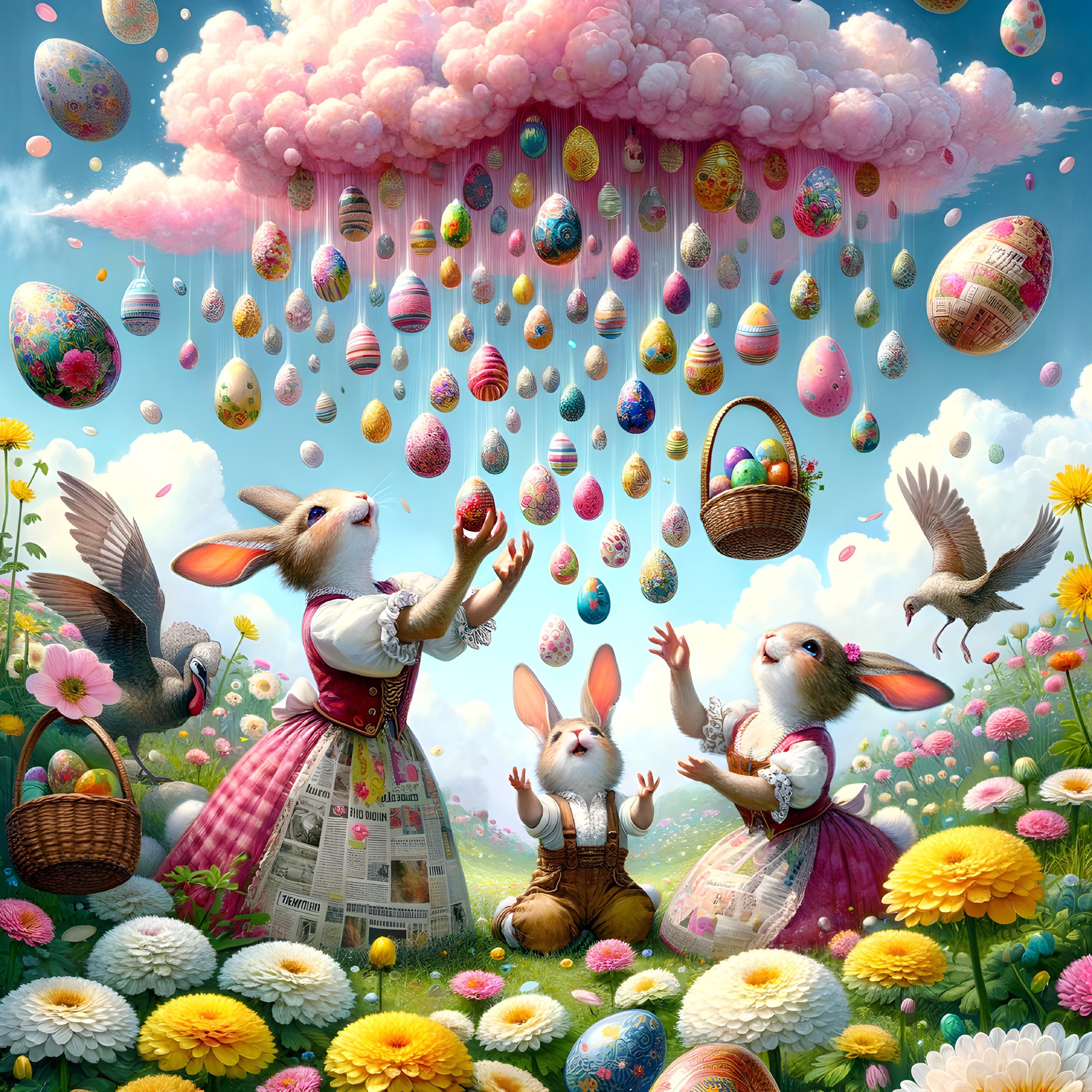 Charming Rabbits Collecting Colorful Eggs in Spring Scene