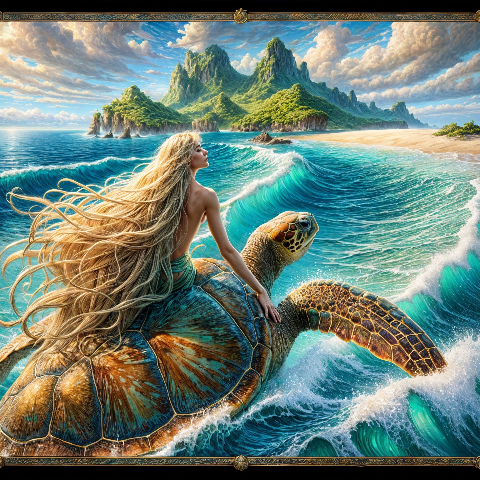 Fantasy scene of a woman riding a sea turtle in waves