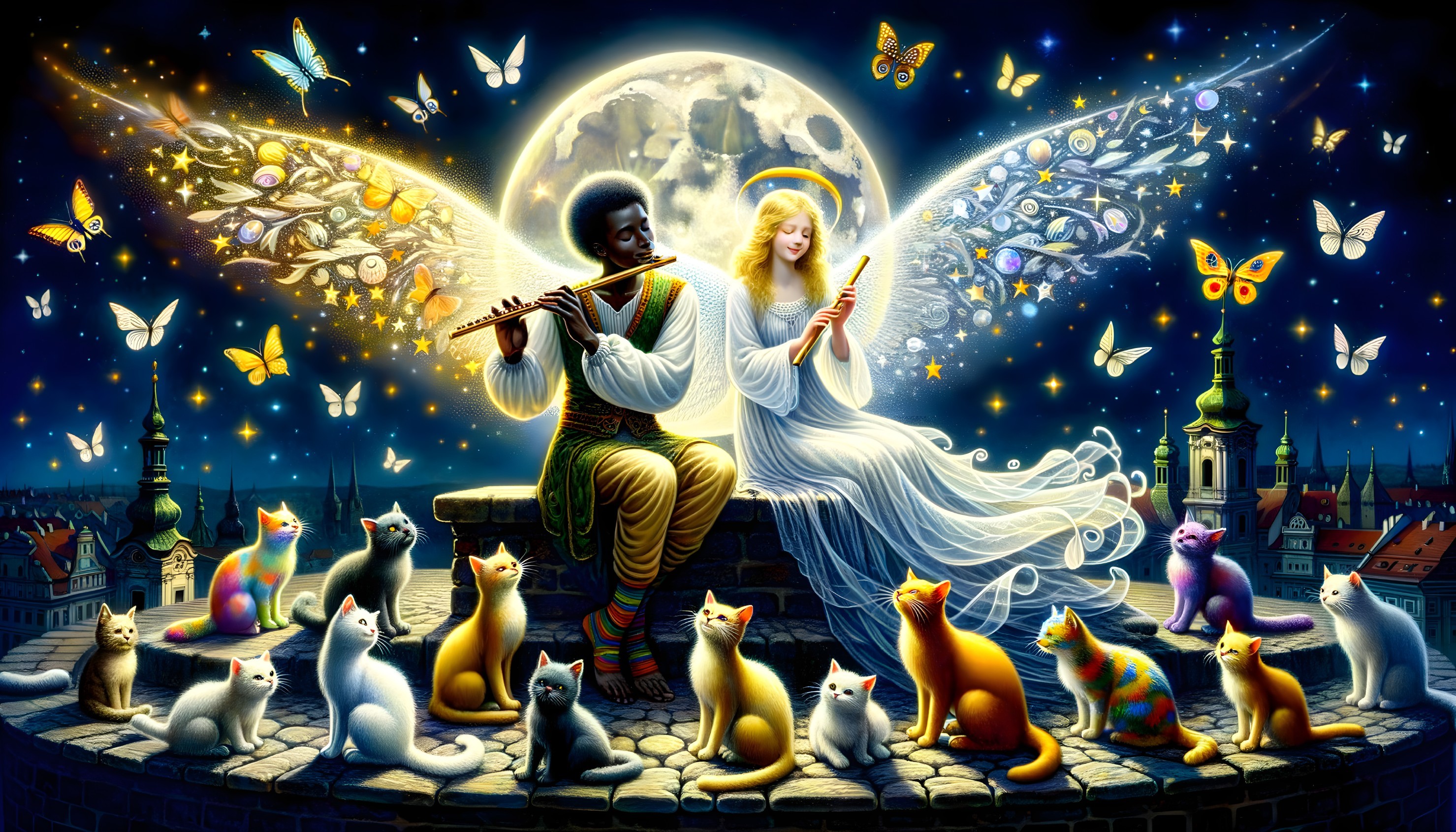 Magical Night Scene with Music, Cats, and Butterflies