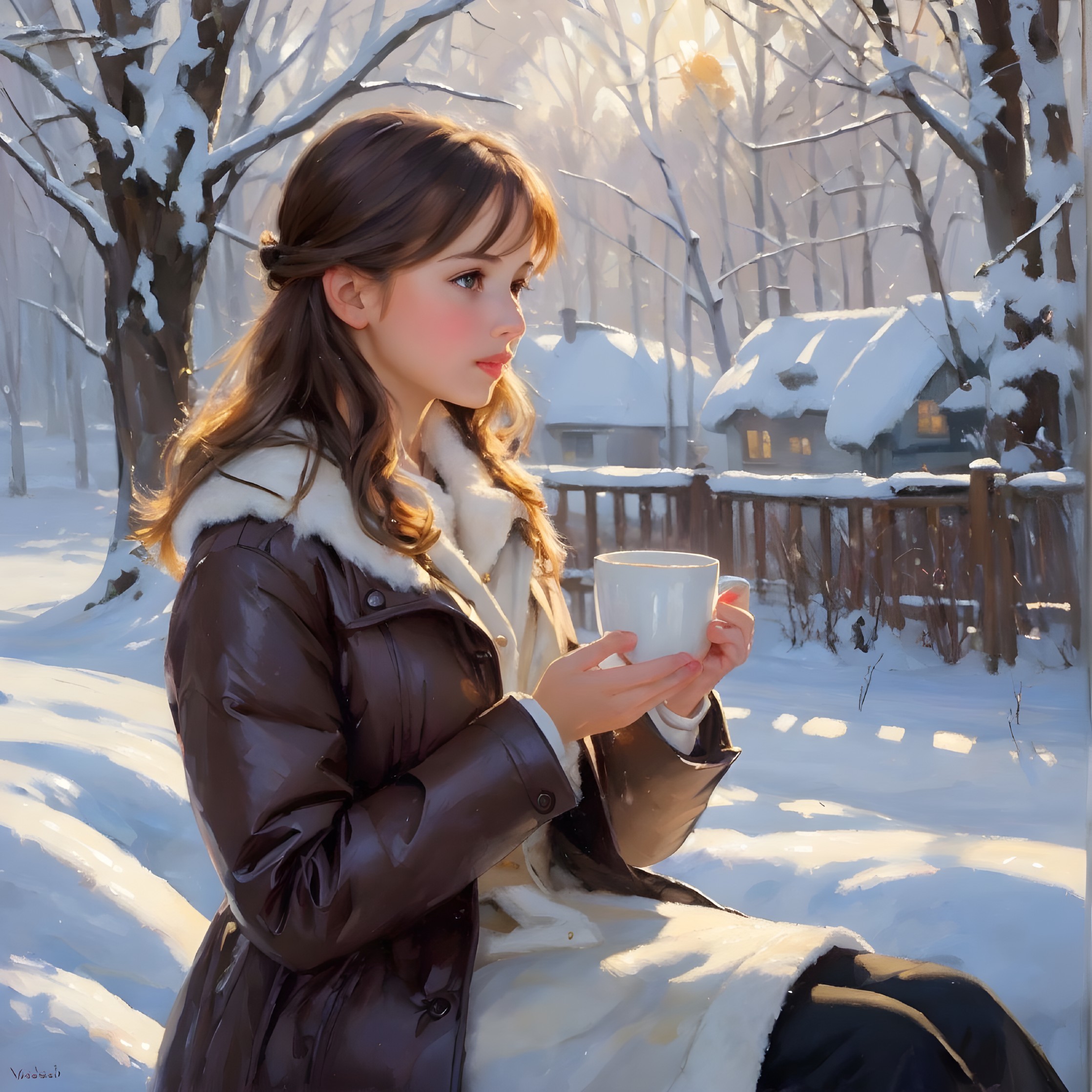 Woman in winter coat in snowy landscape with cottages