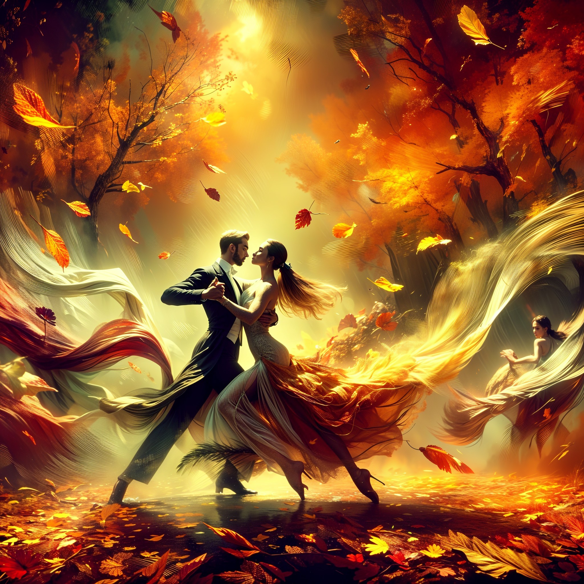 Autumn Dance of a Couple Among Colorful Leaves