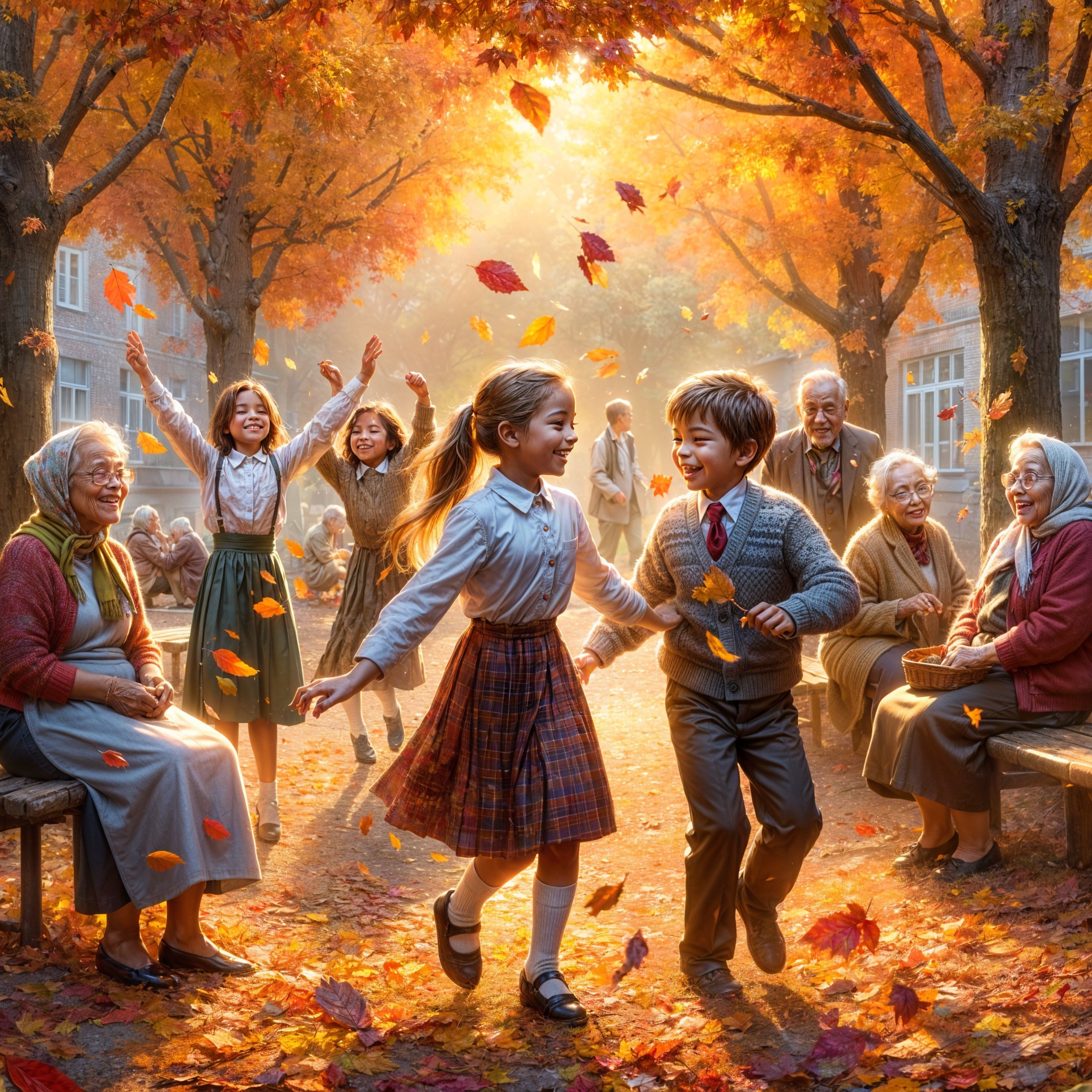 Autumn Scene with Children Dancing Among Leaves