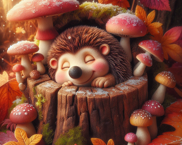 Hedgehog Sleeping in Cozy Stump Surrounded by Autumn