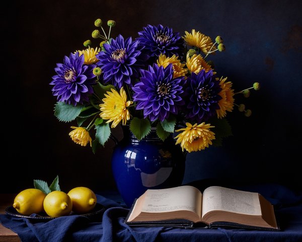 Vibrant Still Life with Flowers, Book, and Lemons