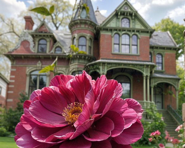 Magenta Flower and Historic Mansion in Scenic Setting