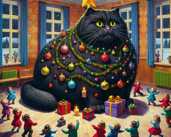 Giant Black Cat Surrounded by Children in Festive Room