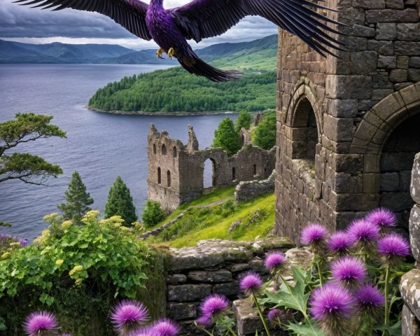 Majestic Purple Bird Over Ancient Castle and Lake
