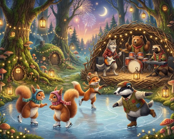 Woodland Animals Ice Skating in a Fantasy Forest