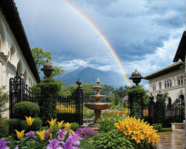 Vibrant Garden with Flowers, Fountain, and Mountains