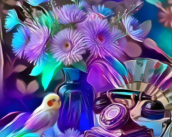 Vibrant Still Life with Purple Flowers and Vintage Telephone