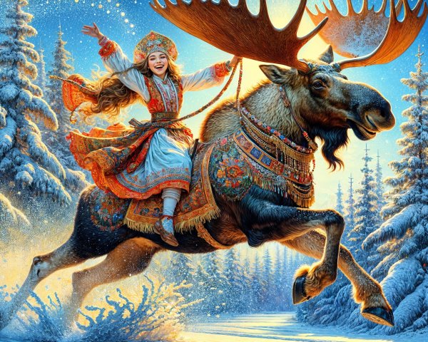 Girl in Slavic Attire Riding Moose in Winter Scene