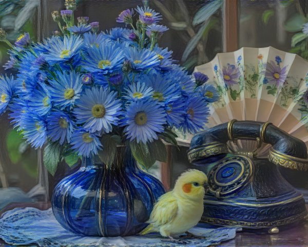 Blue Vase with Daisies on Wooden Table Scene
