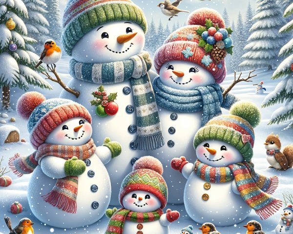 Whimsical Digital Painting of Cheerful Snowmen in Forest