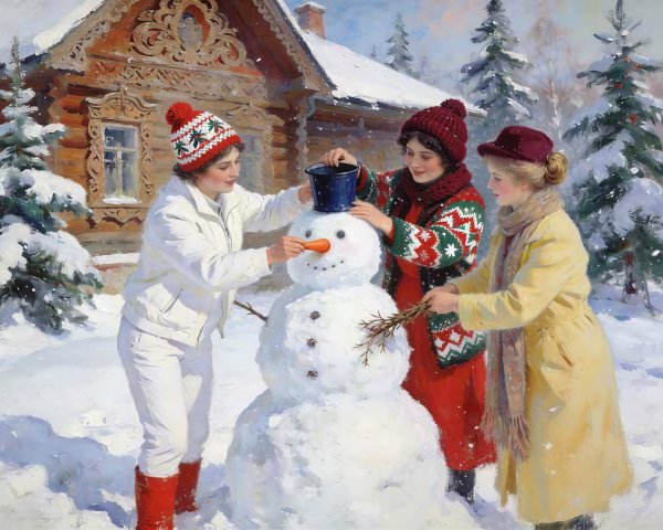 Adolescent girls building a snowman in a snowy yard