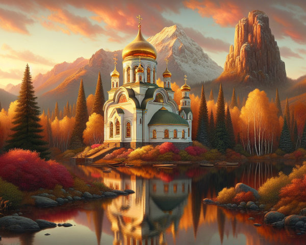 Church with Golden Domes Surrounded by Autumn Foliage