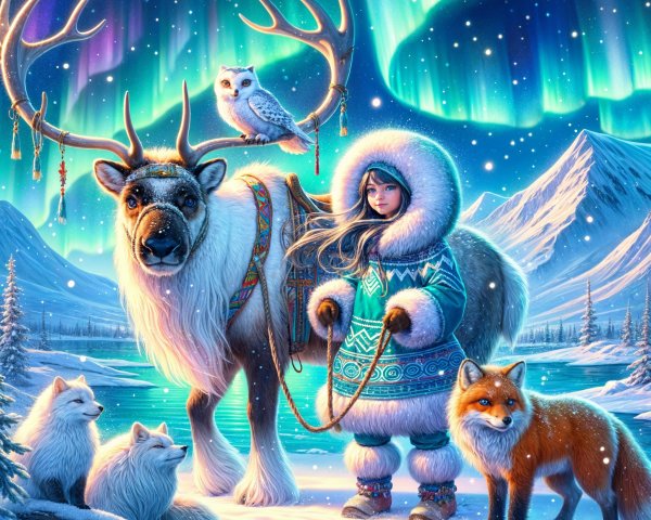 Young Girl and Reindeer Amid Northern Lights Scene