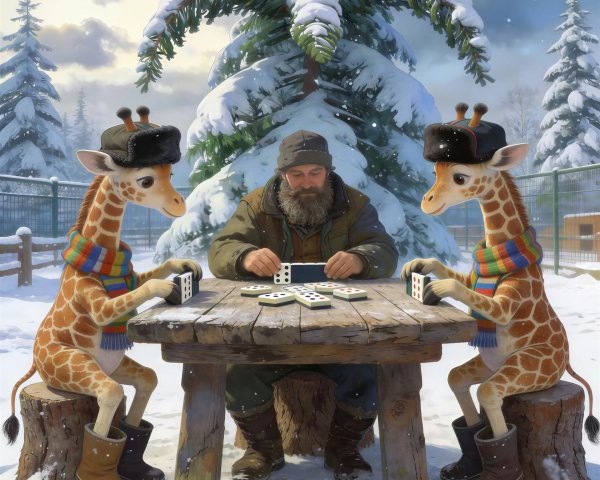 Whimsical Painting of a Man and Giraffes Playing Dominoes