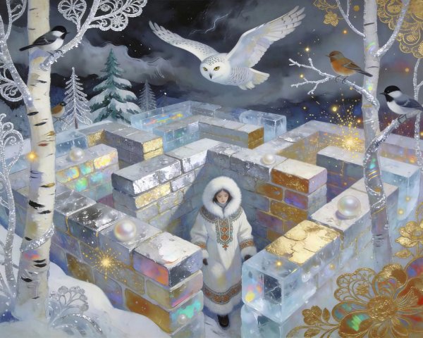Winter Scene with Woman in Inuit Parka and Ice Labyrinth
