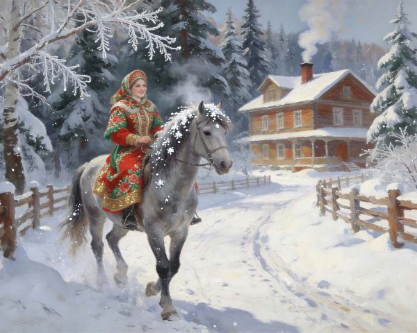 Digital Art of Woman in Russian Attire on Horseback
