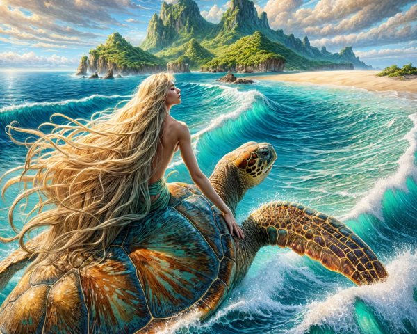 Fantasy scene of a woman riding a sea turtle in waves