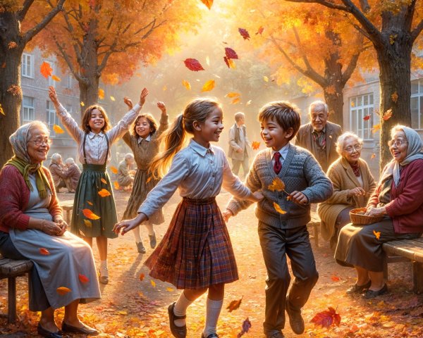 Autumn Scene with Children Dancing Among Leaves