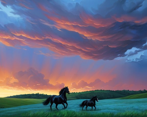 Twilight Landscape with Galloping Horses and Clouds