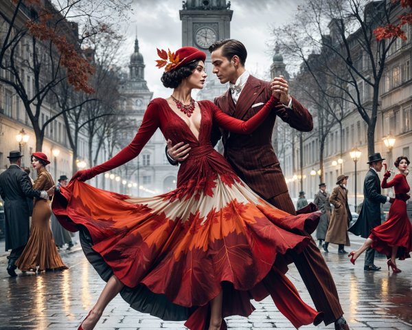 Couple Dancing in Vintage Street with Autumn Leaves